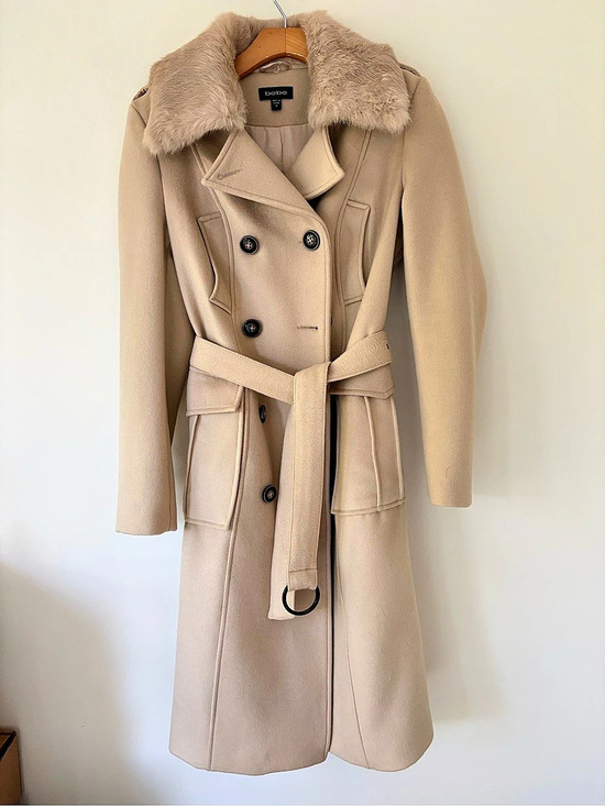 bebe Jackets & Blazers - Vintage Bebe Beige Wool Trench Coat w/ 100% Rabbit Fur Collar Size Medium